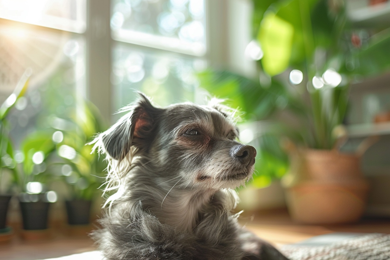 Vieux chien se reposant paisiblement dans sa nouvelle maison à Cayenne après un déménagement sans stress