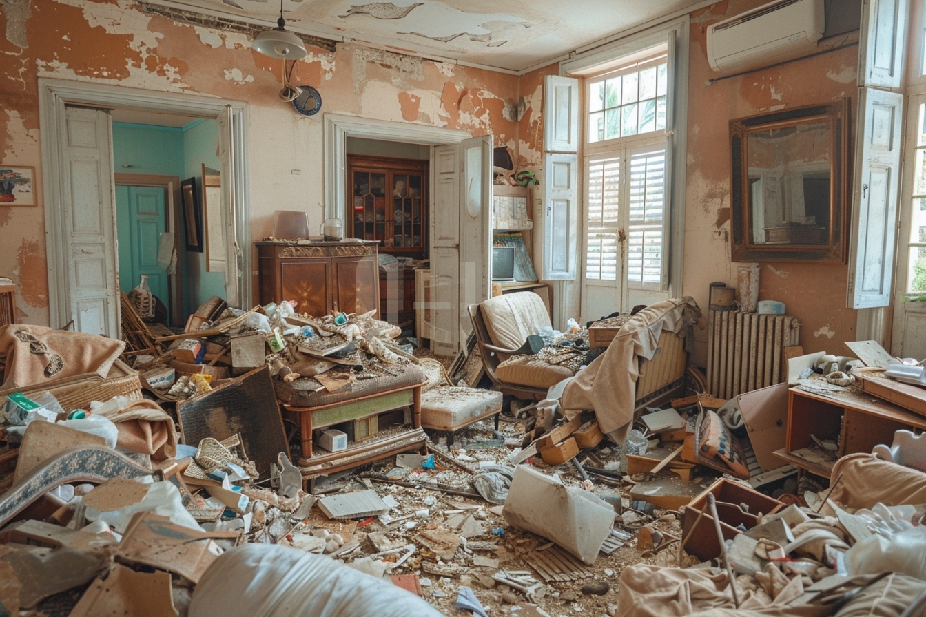 Équipe professionnelle en action lors d'un débarras de maison insalubre à Cayenne, redonnant vie et espace à un intérieur négligé.