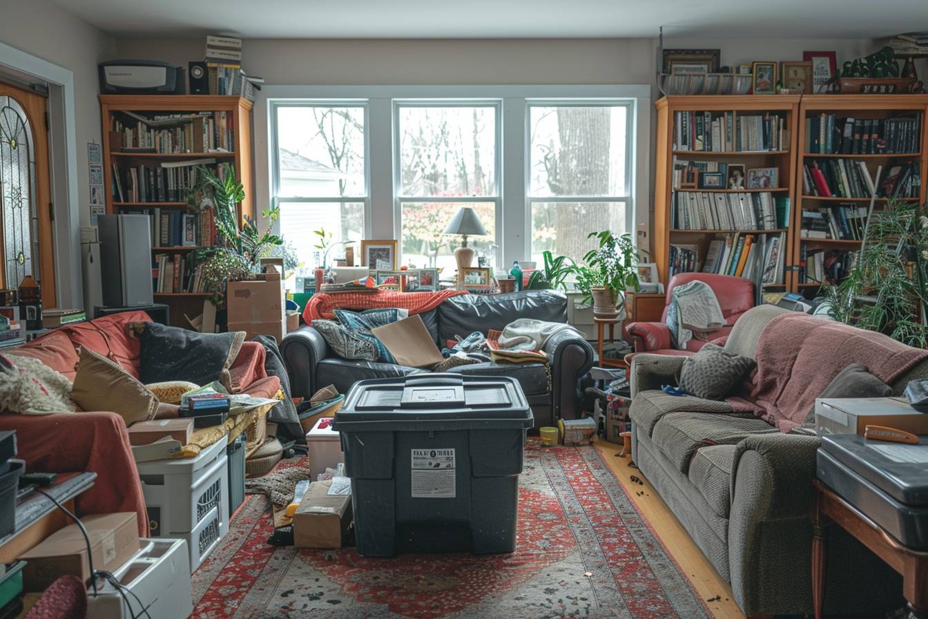 Benne de débarras pleine prête pour l'enlèvement devant une maison à Cayenne pour un débarras sans stress